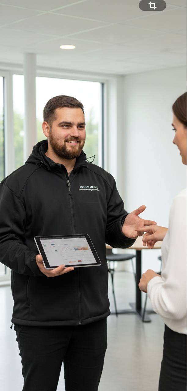 Markus Knaub bei der persönlichen Kundenberatung mit Tablet — Ihr Ansprechpartner für Schimmelpilzbegutachtung in Bonn